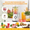 A kitchen scene featuring a multi-functional blender and food processor, with various ingredients and beverages displayed. Produktbild-Vorschau