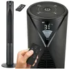 A close-up and a full shot of a black tower fan with a remote control. Náhľad obrázku produktu