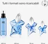 A display of different sizes of the Thierry Mugler Angel perfume bottle, with text indicating they are refillable. Voir les images du produit