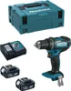 A Makita cordless drill kit with two batteries, a charger, and a storage case, laid out on a white background. Produktbild-Vorschau