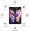 A foldable smartphone with a screen protector applied, surrounded by hexagonal icons detailing the protector's features. Produktbild-Vorschau