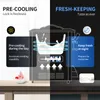 A diagram illustrating the pre-cooling and fresh-keeping functions of an ice cream machine, with text descriptions and icons. Produktbild-Vorschau