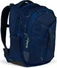 A navy blue satch backpack with a geometric pattern in blue and green lines. Produktbild-Vorschau