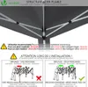 Diagrams illustrating the setup of a folding tent, with text in multiple languages providing instructions and warnings. Produktbild-Vorschau