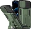 Two dark green iPhone cases are shown, one in the foreground and one in the background. The foreground case is angled and has a kickstand extended. Produktbild-Vorschau