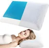 A pillow with a cooling gel layer is shown, with a woman sleeping on a similar pillow below. Produktbild-Vorschau