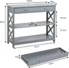 A grey console table with three shelves and a drawer, shown with dimensions. Podgląd zdjęcia produktu
