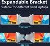 Diagrams showing the dimensions and expandability of a laptop monitor bracket. Produktbild-Vorschau