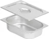 A stainless steel food pan and lid on a white background. Produktbild-Vorschau