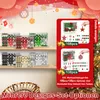 A display of various Christmas ornament sets on shelves, with close-up marketing images of two specific sets on the right. Voir les images du produit