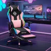 A pink and black gaming chair with LED lights is set up in a gaming room with a computer and monitor. Podgląd zdjęcia produktu