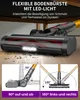 A vacuum cleaner head with LED lights is shown on a wooden floor, with two smaller images demonstrating its flexibility. Produktbild-Vorschau