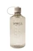 A clear studio shot of a clear Nalgene water bottle with a gray lid and a white loop strap, against a white background. Produktbild-Vorschau