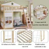 A collage of images showing a children's bunk bed with a house-like roof and a ladder, along with close-ups of its features and descriptive text. Produktbild-Vorschau