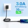 A phone charging cable connected to a wall adapter and a smartphone, with marketing text indicating fast charging capabilities. Produktbild-Vorschau