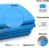 A close-up of a folded blue material, likely a pool liner, with informational graphics on the right and bottom left. Produktbild-Vorschau