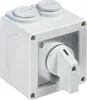 A white electrical switch in a square housing with a silver faceplate and a white rotary handle. Produktbild-Vorschau