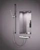 A modern shower fixture with a handheld showerhead and a built-in shelf with toiletries. Podgląd zdjęcia produktu