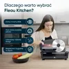 A woman is using a food slicer in a kitchen setting, with text highlighting product features. Podgląd zdjęcia produktu
