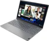 A Lenovo ThinkBook laptop is shown from a diagonal angle, displaying a video conference on its screen. Produktbild-Vorschau