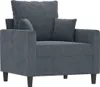 A dark gray velvet armchair with two pillows, shown against a white background. Produktbild-Vorschau