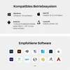 This image displays compatible operating systems and recommended software for a digital drawing tablet. Produktbild-Vorschau