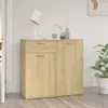 A wooden sideboard with drawers and doors, placed in a room with a lamp and plants. Voir les images du produit