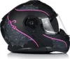A black motorcycle helmet with pink and gray decorative patterns, shown from a side angle on a white background. Náhled obrázku produktu