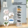 A white 7-tier shoe rack filled with various shoes and accessories, displayed in a room setting with a wall and floor. Produktbild-Vorschau