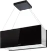 A black island range hood suspended from the ceiling by wires. Produktbild-Vorschau