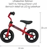 A red balance bike with dimensions indicated by text and lines. Produktbild-Vorschau