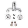 A set of chrome-plated bathroom faucet parts laid out on a white background. Produktbild-Vorschau