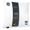 A white pillow with a dark gray band across it containing product information. Produktbild-Vorschau