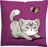 A cartoon illustration of a gray cat stretching towards a butterfly against a purple background. Produktbild-Vorschau