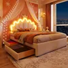 A child's bedroom with a bed, canopy, and city view at night. Anteprima dell’immagine prodotto