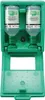 A green plastic case containing two bottles of eye wash solution. Voir les images du produit