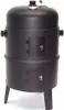 A black charcoal smoker grill with two doors and three legs, shown against a white background. Produktbild-Vorschau