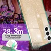 A close-up of a phone case with glitter, with a background showing a person's feet in heels amidst confetti and text about drop protection. Produktbild-Vorschau