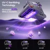 A vacuum cleaner head with UV-C lights sanitizing a surface, with diagrams showing UV-C effectiveness at different distances and angles. Produktbild-Vorschau