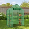 A green greenhouse with plants on shelves in a backyard setting. Voir les images du produit
