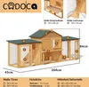 A diagram of a wooden rabbit hutch with dimensions and labeled parts. Produktbild-Vorschau