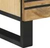 A close-up view of the corner of a wooden cabinet with black metal legs. Voir les images du produit