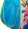 A close-up view of a blue children's play tent with yellow trim and a pocket, featuring characters from Paw Patrol on the right side. Produktbild-Vorschau