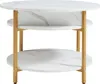 A three-tiered round coffee table with a marble-like pattern and gold metal legs, shown against a white background. Produktbild-Vorschau