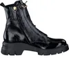 A black patent leather boot with a chunky sole and gold zipper details, shown from the side against a white background. Produktbild-Vorschau
