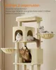 A multi-level cat tree with several cats interacting with it, set against a plain background. Produktbild-Vorschau