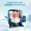 A cutaway view of a compressor with glowing red and blue elements, set against a backdrop of ice and a light blue gradient. Produktbild-Vorschau