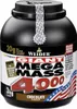 A black plastic tub of Weider Mega Mass 4000 protein powder with a label featuring the product name, nutritional information, and an American flag motif. Produktbild-Vorschau