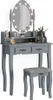 A gray vanity table with a lighted mirror and a stool, set against a white background. Produktbild-Vorschau