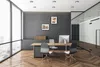 A modern office setting with a desk, chairs, and a large window. Náhled obrázku produktu